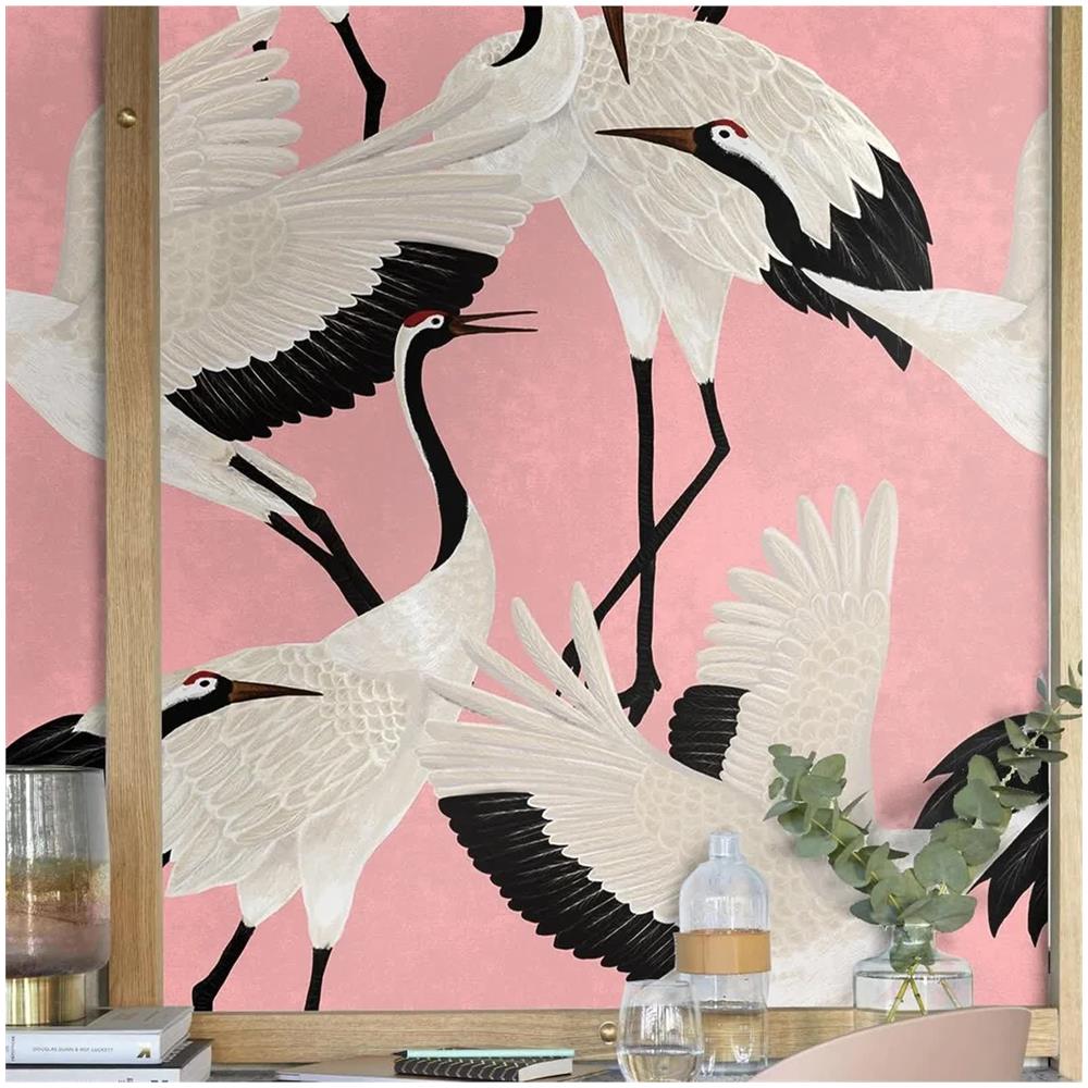 Carta Da Parati Aironi Rosa In Fogli Di Vera Carta Vegana, Made In Italy, 200x280cm, 5,5mq - Foto 2