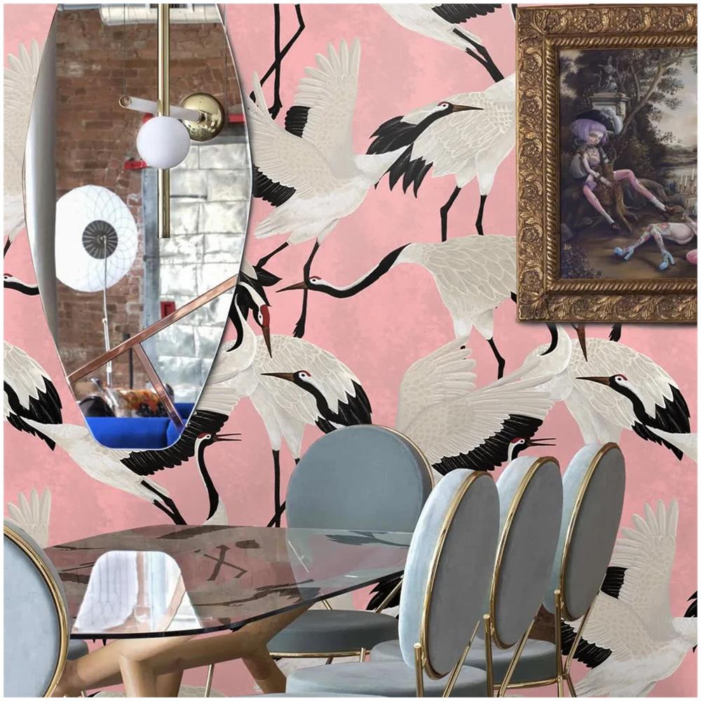 Carta Da Parati Aironi Rosa In Fogli Di Vera Carta Vegana, Made In Italy, 200x280cm, 5,5mq - Foto 3