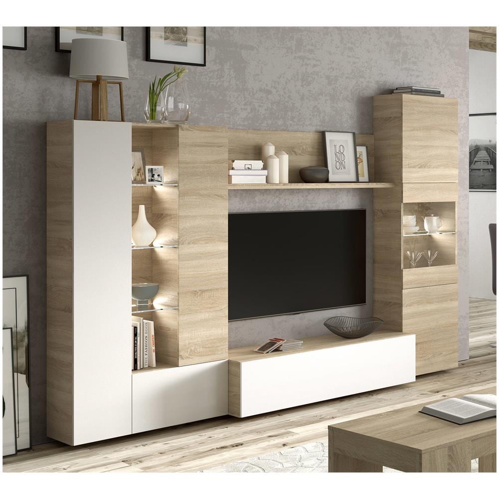 Parete Attrezzata Raleigh, Mobile Da Soggiorno Porta Tv Modulare, Composizione Salotto Con Pensili E Vetrine E Luce Led, 260x42h185 Cm, Rovere E Bianco - Foto 1