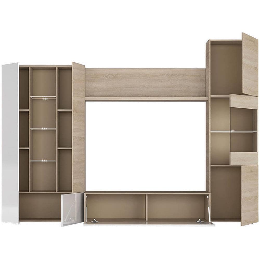 Parete Attrezzata Raleigh, Mobile Da Soggiorno Porta Tv Modulare, Composizione Salotto Con Pensili E Vetrine E Luce Led, 260x42h185 Cm, Rovere E Bianco - Foto 2