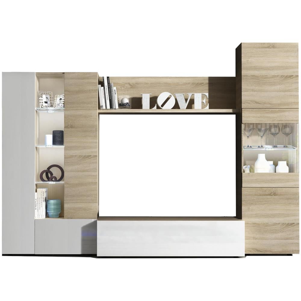 Parete Attrezzata Raleigh, Mobile Da Soggiorno Porta Tv Modulare, Composizione Salotto Con Pensili E Vetrine E Luce Led, 260x42h185 Cm, Rovere E Bianco - Foto 4