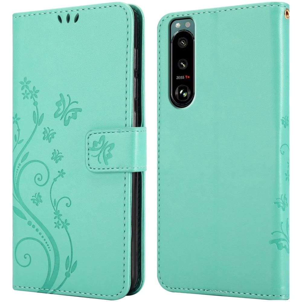 Custodia Compatibile Con Sony Xperia 5 Iii In Turchese Fiore - Coperchio Protettivo In Design Floreale Con Chiusura Magnetica, Funzione Stand E Slot Per Carte - Foto 8