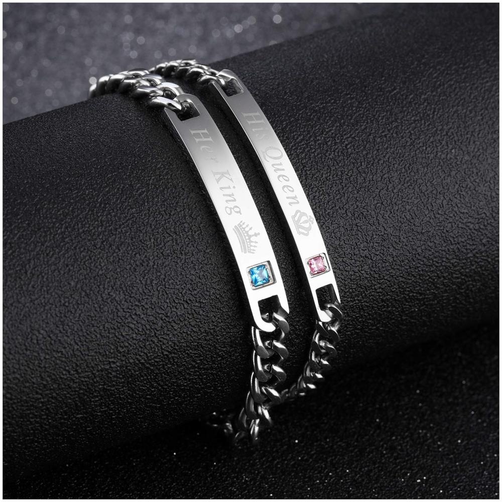 Coppia Bracciali ""his Queen"" ""her King"" Acciaio Al Titanio Argento 2 Pezzi - Foto 2