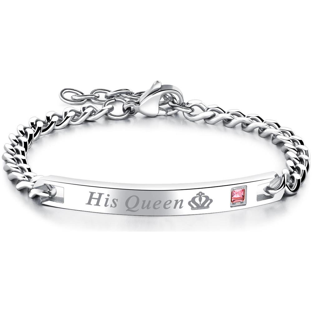 Coppia Bracciali ""his Queen"" ""her King"" Acciaio Al Titanio Argento 2 Pezzi - Foto 1