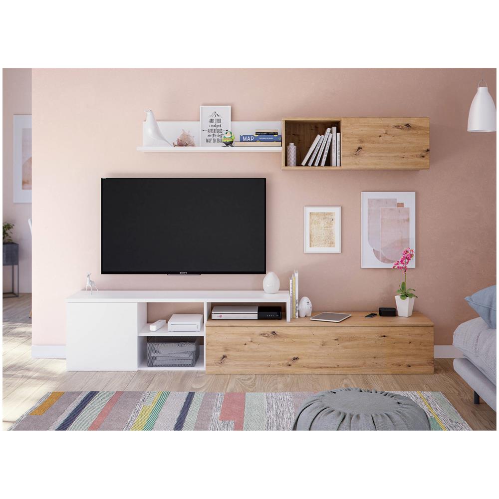 Parete Attrezzata Miami, Mobile Da Soggiorno Porta Tv Reversibile, Composizione Per Salotto Con Pensile E Mensola, 220x40h44 Cm, Rovere Effetto Nodi E Bianco - Foto 1
