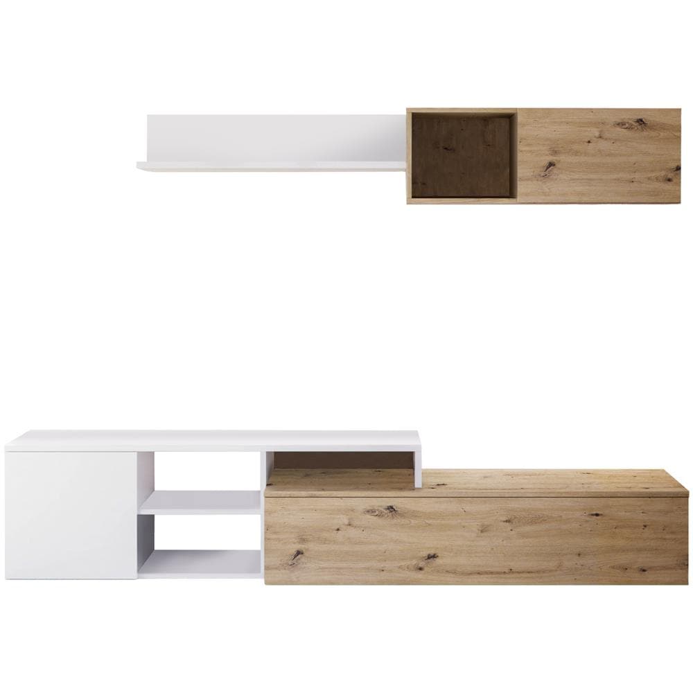 Parete Attrezzata Miami, Mobile Da Soggiorno Porta Tv Reversibile, Composizione Per Salotto Con Pensile E Mensola, 220x40h44 Cm, Rovere Effetto Nodi E Bianco - Foto 2