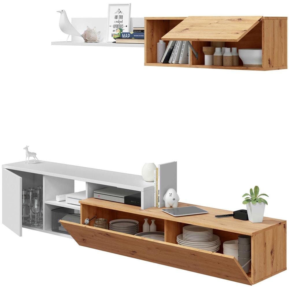 Parete Attrezzata Miami, Mobile Da Soggiorno Porta Tv Reversibile, Composizione Per Salotto Con Pensile E Mensola, 220x40h44 Cm, Rovere Effetto Nodi E Bianco - Foto 4
