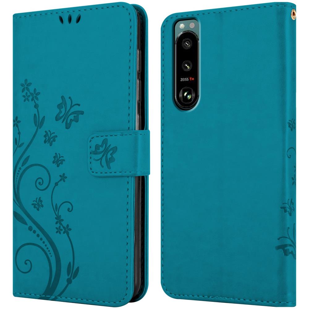 Custodia Compatibile Con Sony Xperia 5 Iii In Blu Fiore - Coperchio Protettivo In Design Floreale Con Chiusura Magnetica, Funzione Stand E Slot Per Carte - Foto 8