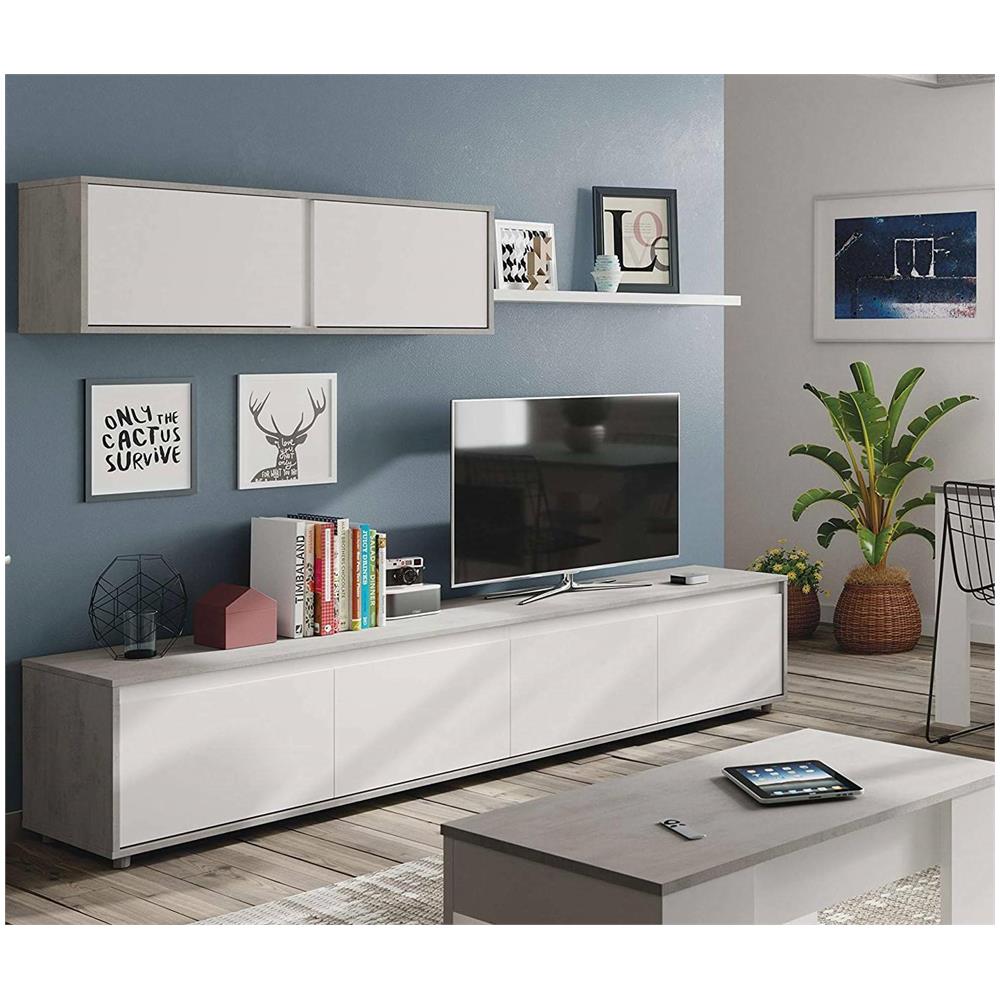 Parete Attrezzata Savannah, Mobile Da Soggiorno Porta Tv, Composizione Set Salotto, Set Salotto Con Pensile, 200x41h43 Cm, Bianco E Cemento - Foto 1
