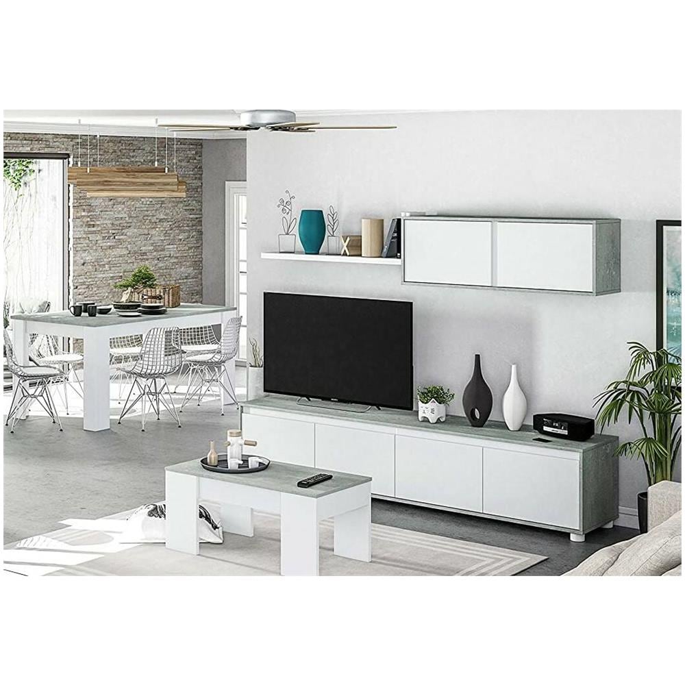 Parete Attrezzata Savannah, Mobile Da Soggiorno Porta Tv, Composizione Set Salotto, Set Salotto Con Pensile, 200x41h43 Cm, Bianco E Cemento - Foto 4