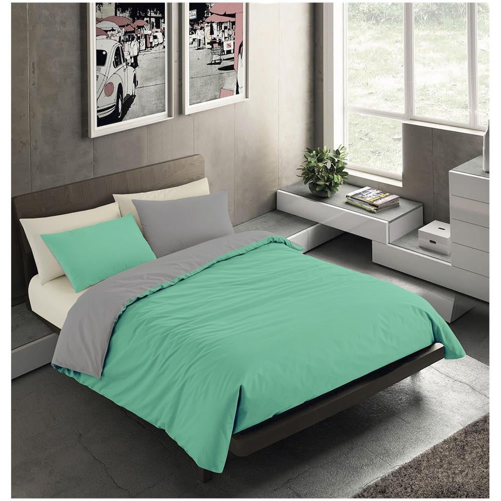 Set Copripiumino Bicolor 100% Microfibra Con Federa Double Face - Singolo 150x200 Cm - Verdino / grigio Chiaro - Foto 1