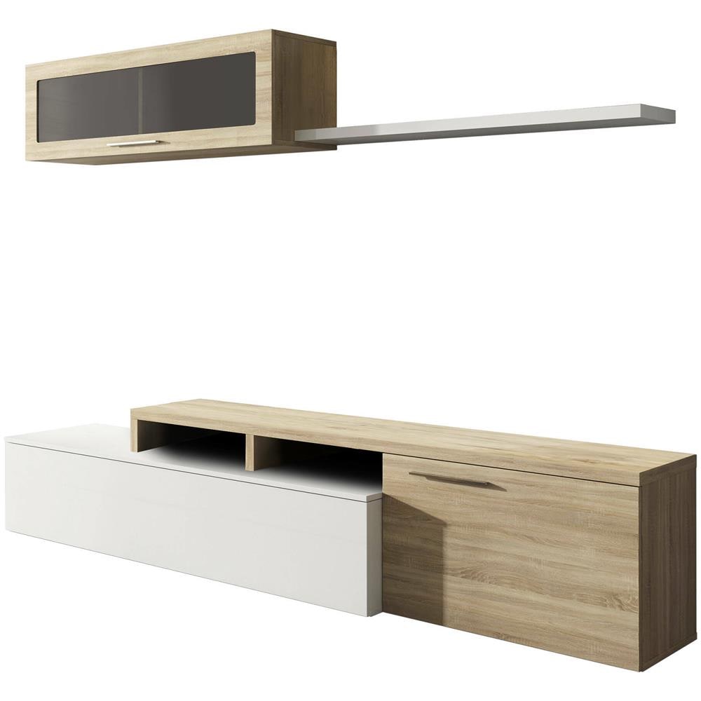 Parete Attrezzata Chino, Mobile Soggiorno Porta Tv, Composizione Salotto Reversibile, Set Salotto Ad Angolo, 200x41h44 Cm, Rovere E Bianco Lucido - Foto 2