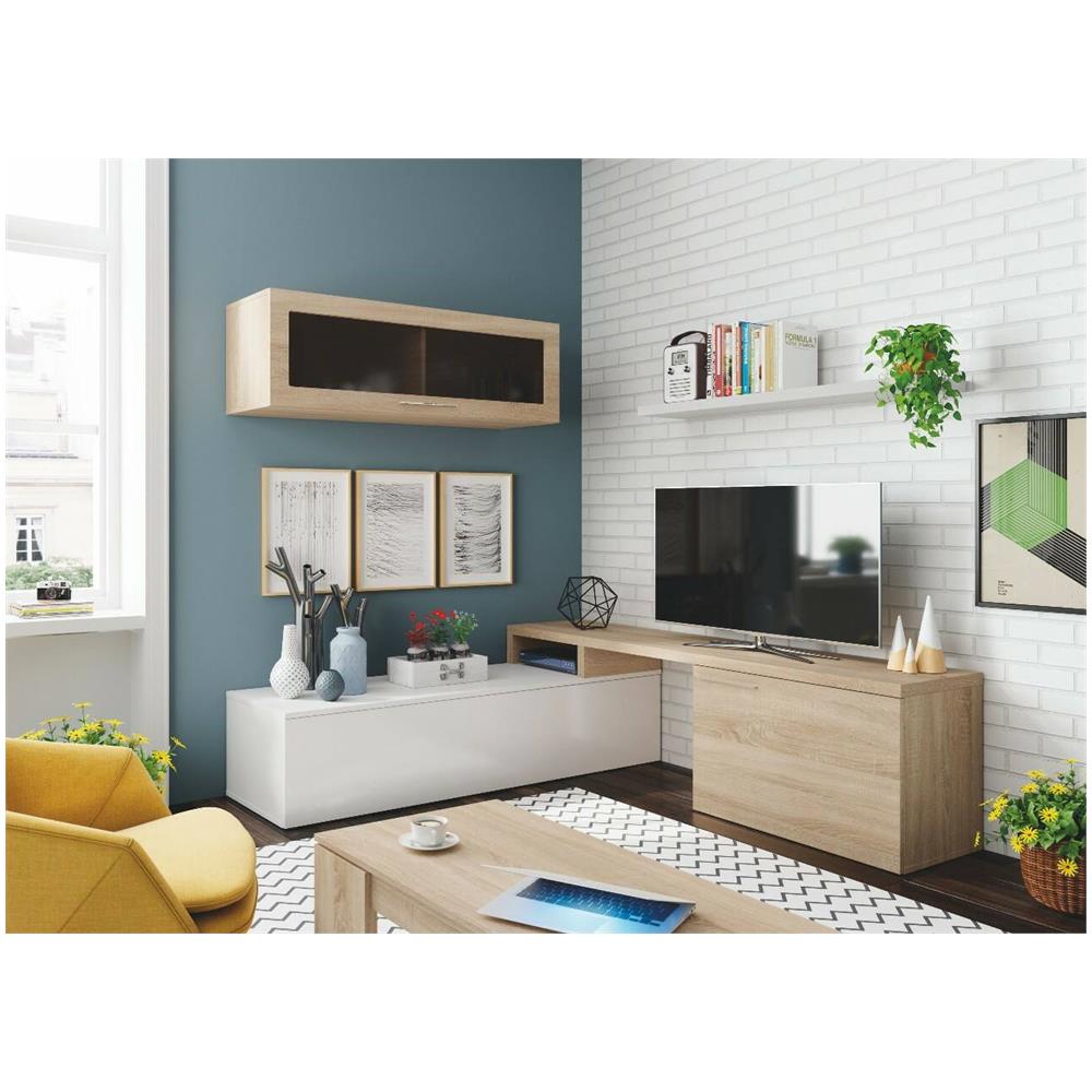 Parete Attrezzata Chino, Mobile Soggiorno Porta Tv, Composizione Salotto Reversibile, Set Salotto Ad Angolo, 200x41h44 Cm, Rovere E Bianco Lucido - Foto 4