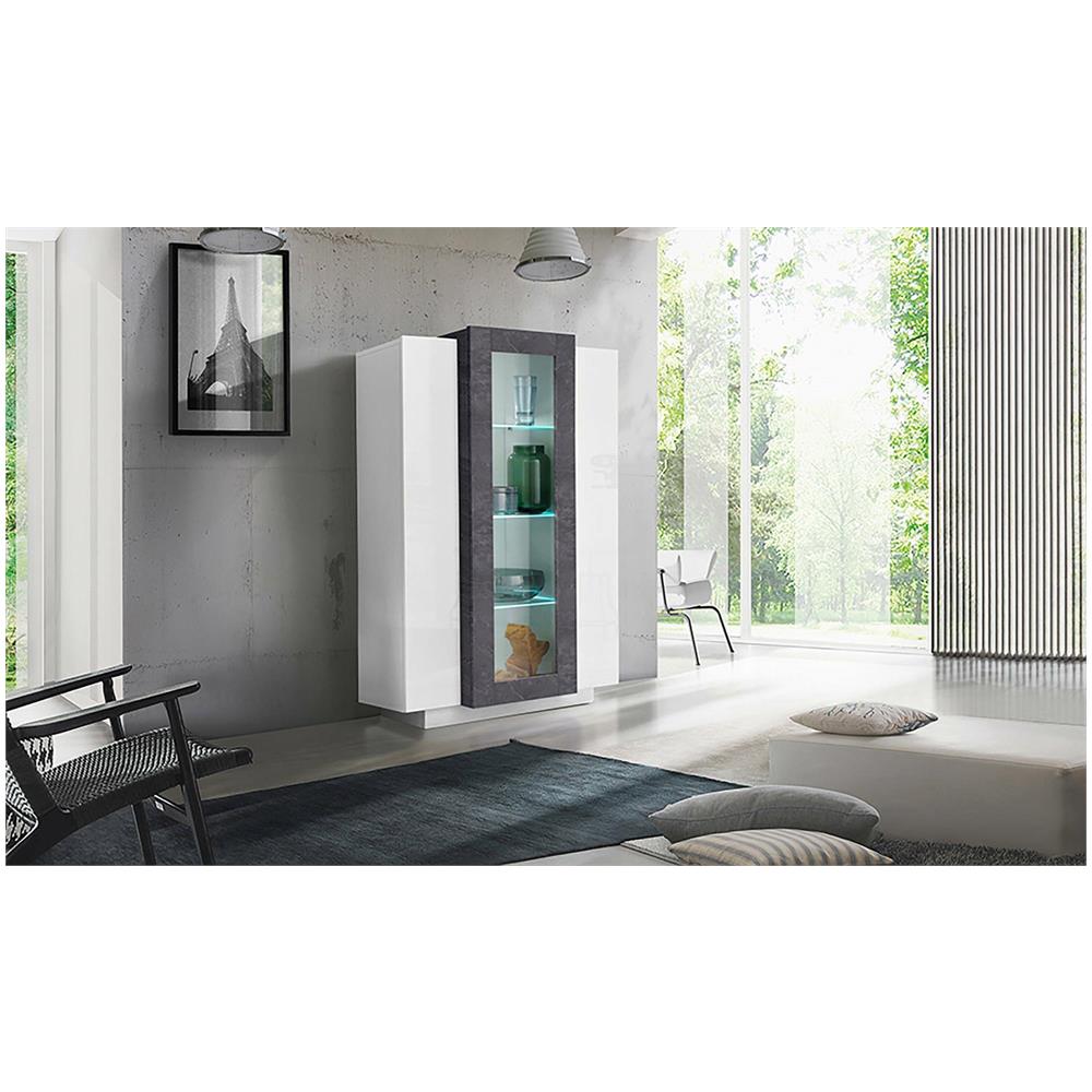 Vetrina Kevin, Credenza Con Tre Ante, Mobile Da Soggiorno Multiuso, 100% Made In Italy, Cm 80x38h121, Bianco Lucido E Ardesia - Foto 1