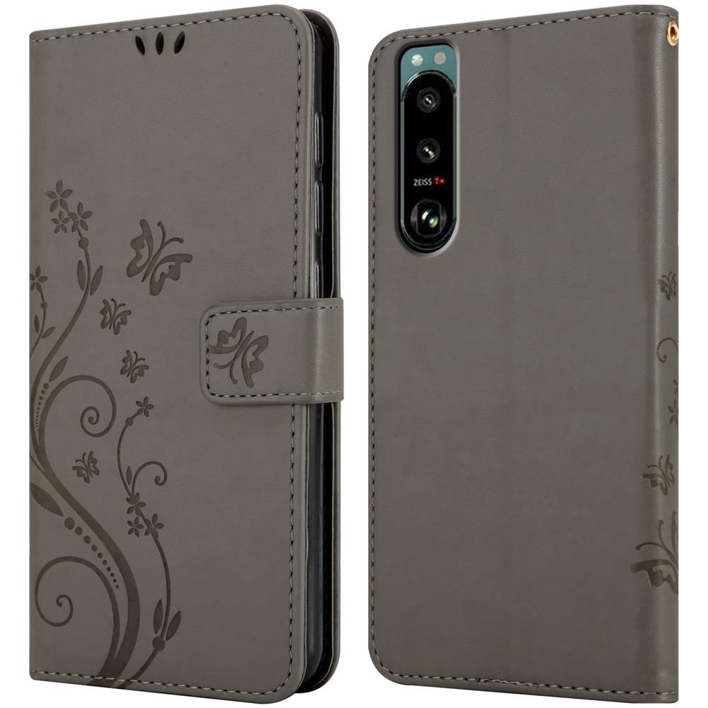 Custodia Compatibile Con Sony Xperia 5 Iii In Grigio Fiore - Coperchio Protettivo In Design Floreale Con Chiusura Magnetica, Funzione Stand E Slot Per Carte - Foto 8