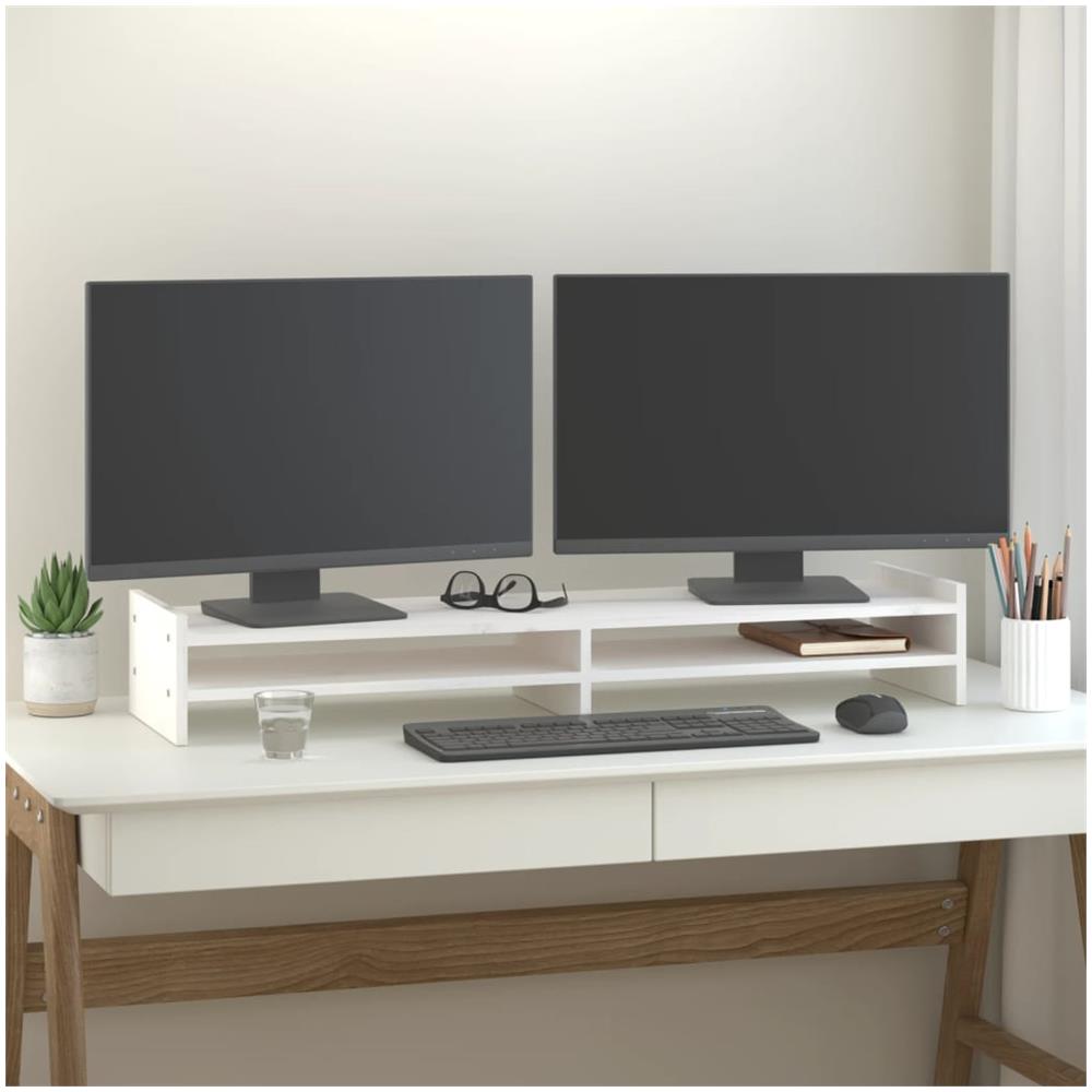 Supporto Per Monitor Bianco 100x27x15 Cm Legno Massello Di Pino - Foto 1