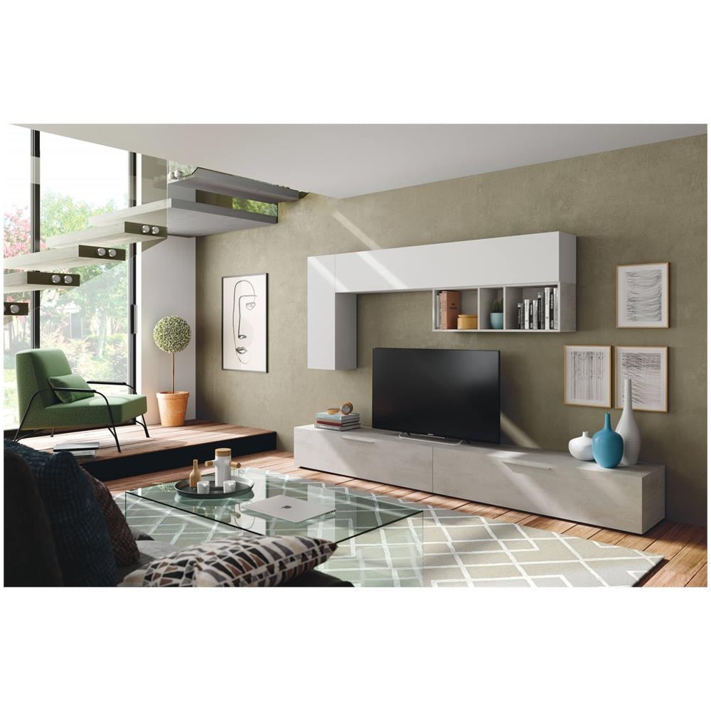Parete Attrezzata Adelfa, Mobile Da Soggiorno Porta Tv, Composizione Per Salotto Con Pensile, 260x42h32 Cm, Cemento E Bianco - Foto 1