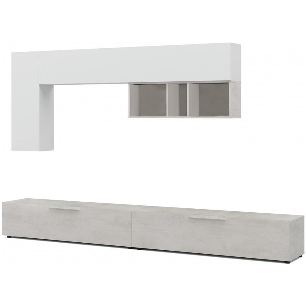 Parete Attrezzata Adelfa, Mobile Da Soggiorno Porta Tv, Composizione Per Salotto Con Pensile, 260x42h32 Cm, Cemento E Bianco - Foto 2