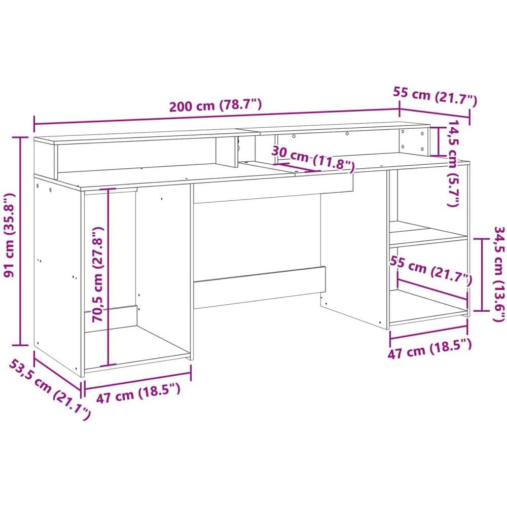 Scrivania con Luci LED Nera 200x55x91 cm in Truciolato - Foto 10