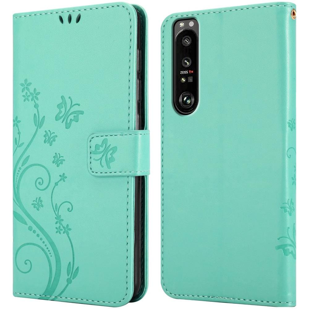 Custodia Compatibile Con Sony Xperia 1 Iii In Turchese Fiore - Coperchio Protettivo In Design Floreale Con Chiusura Magnetica, Funzione Stand E Slot Per Carte - Foto 8