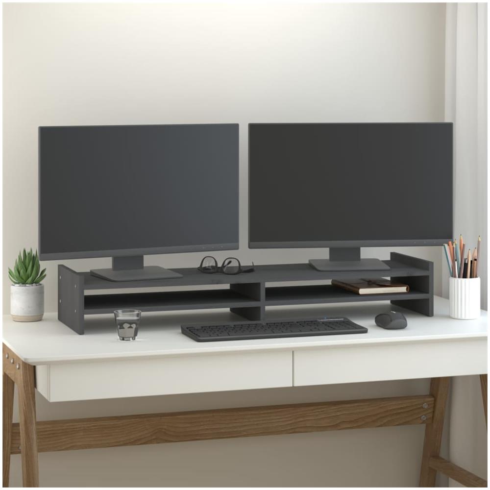 Supporto Per Monitor Grigio 100x27x15 Cm Legno Massello Di Pino - Foto 1
