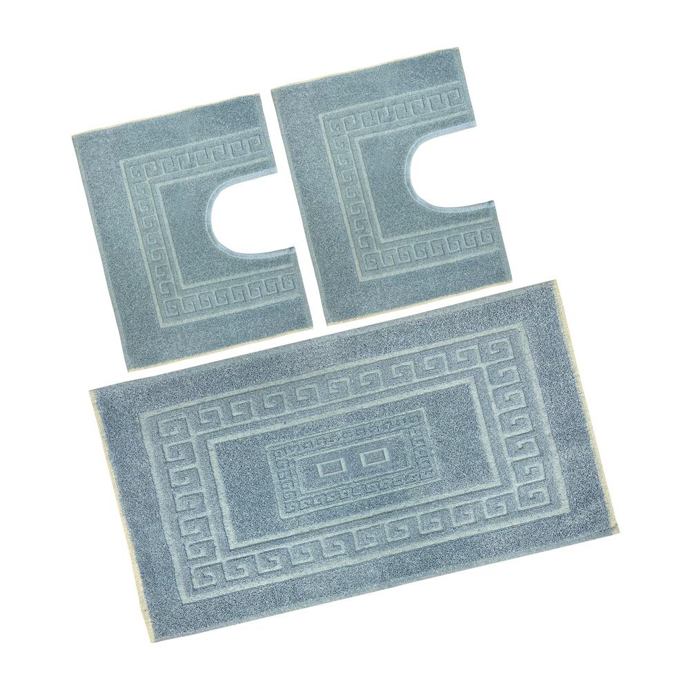 Tappeto Bagno Doccia Spugna Tinta Unita Torino Tappetino Super Assorbente In Cotone Pelo Corto Con Greca Parure 3 Pezzi Azzurro - Foto 1