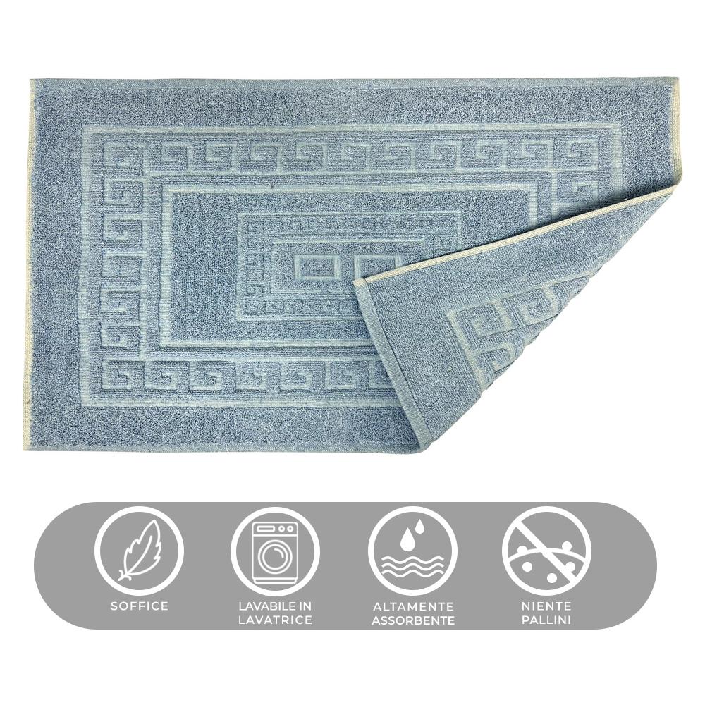 Tappeto Bagno Doccia Spugna Tinta Unita Torino Tappetino Super Assorbente In Cotone Pelo Corto Con Greca Parure 3 Pezzi Azzurro - Foto 2