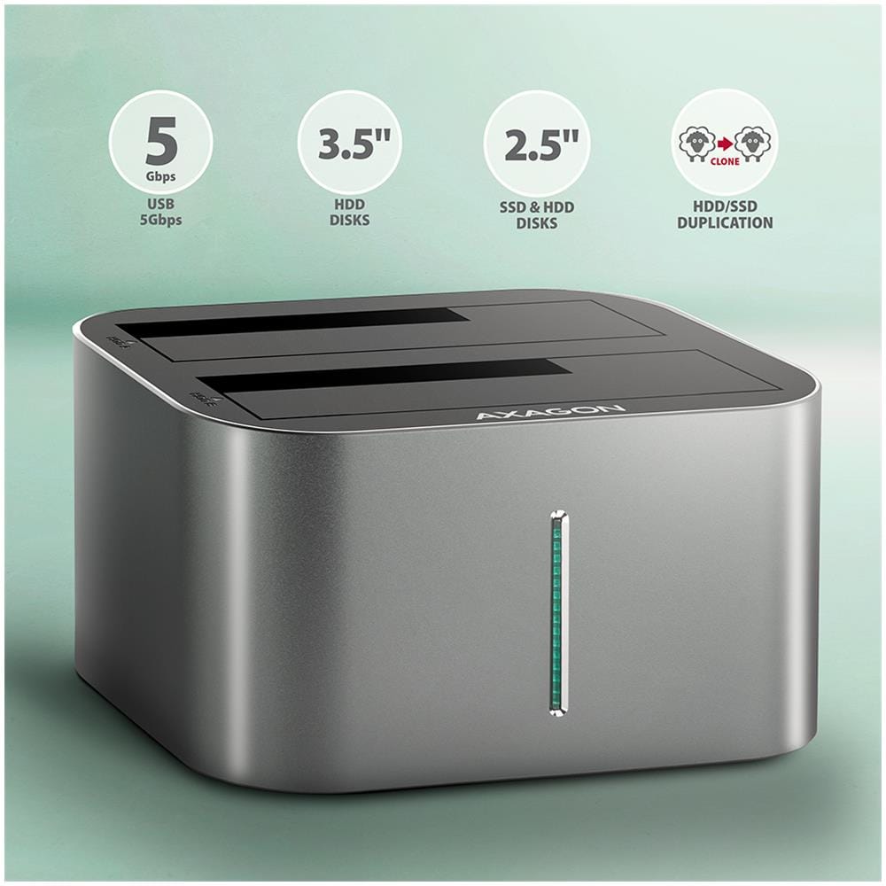 AXG ADSA-DC - Docking- und Kopierstation 2x 2.5'' / 3.5'' SATA USB 3.0 - Digital /Daten USB 3.2 Gen 1 (3.1 Gen 1) Type-A Grigio - Foto 2