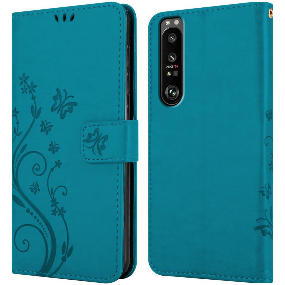 Custodia Compatibile Con Sony Xperia 1 Iii In Blu Fiore - Coperchio Protettivo In Design Floreale Con Chiusura Magnetica, Funzione Stand E Slot Per Carte - Foto 8