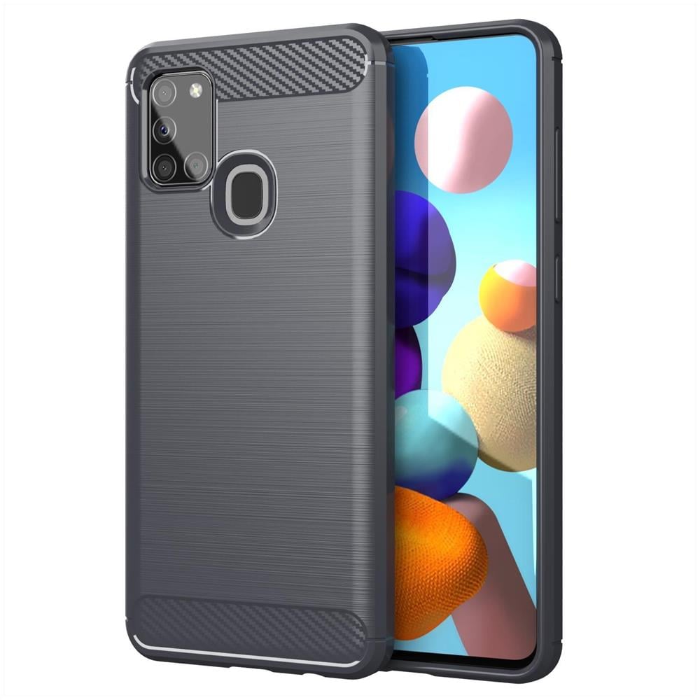 Custodia Compatibile Con Samsung Galaxy A21s In Brusched Grigio - Coperchio Protettivo In Silicone Tpu Flessibile In Look Acciaio Inossidabile-fibra Di Carbonio - Foto 1