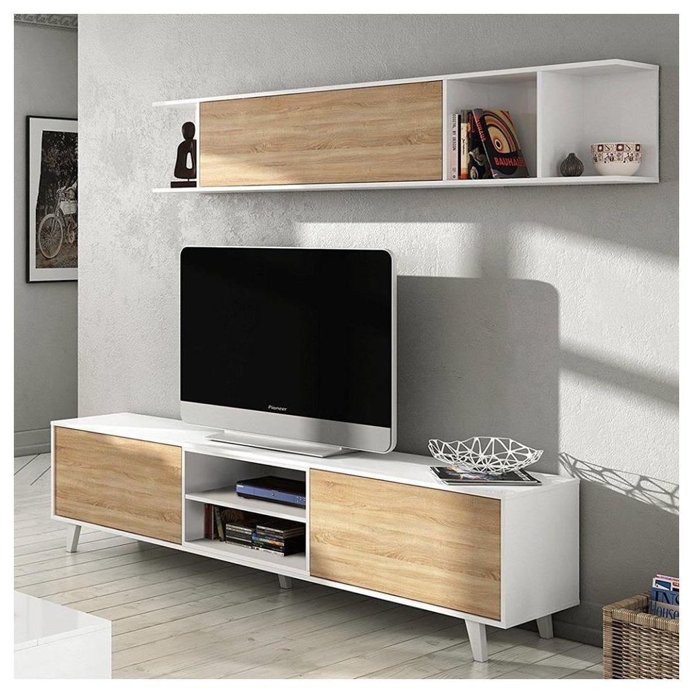 Parete Attrezzata Buffalo, Mobile Da Soggiorno Porta Tv, Composizione Per Salotto Con Pensile, 180x41h51 Cm, Bianco E Rovere - Foto 1