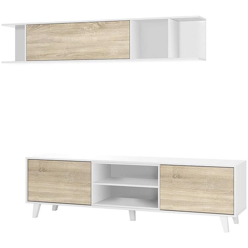 Parete Attrezzata Buffalo, Mobile Da Soggiorno Porta Tv, Composizione Per Salotto Con Pensile, 180x41h51 Cm, Bianco E Rovere - Foto 2