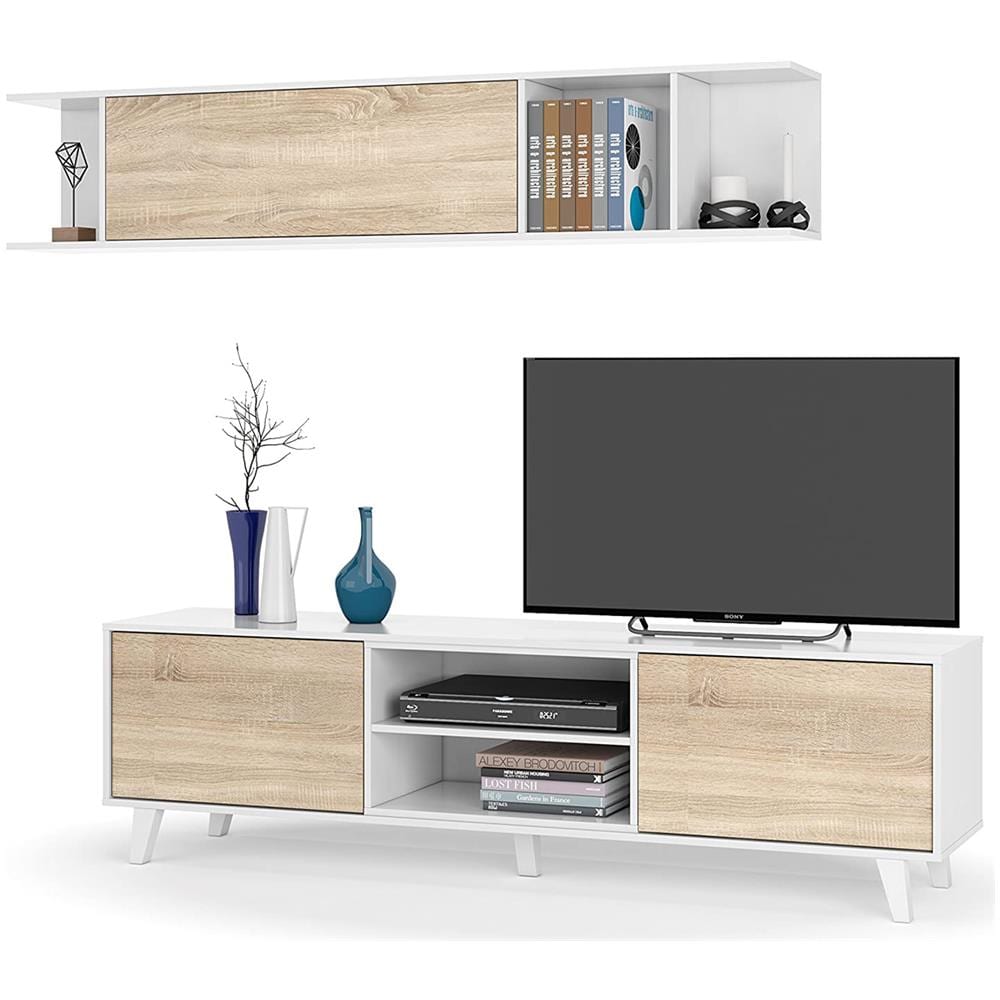 Parete Attrezzata Buffalo, Mobile Da Soggiorno Porta Tv, Composizione Per Salotto Con Pensile, 180x41h51 Cm, Bianco E Rovere - Foto 4
