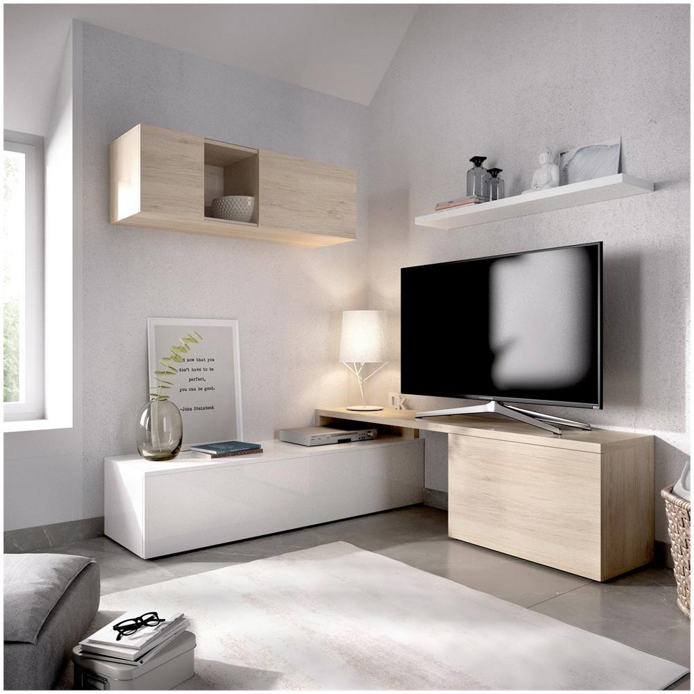 Parete Attrezzata Baker, Set Da Soggiorno Modulare Ad Angolo, Mobile Salotto Porta Tv Multiposizione, 201x41h180 Cm, Bianco E Rovere - Foto 1