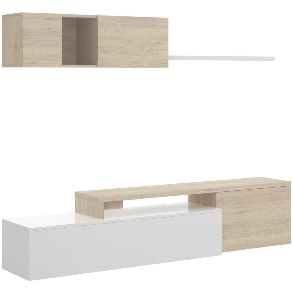 Parete Attrezzata Baker, Set Da Soggiorno Modulare Ad Angolo, Mobile Salotto Porta Tv Multiposizione, 201x41h180 Cm, Bianco E Rovere - Foto 2