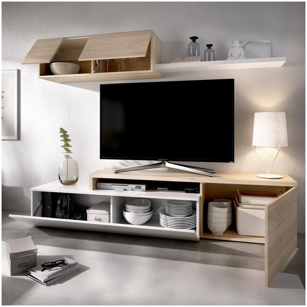 Parete Attrezzata Baker, Set Da Soggiorno Modulare Ad Angolo, Mobile Salotto Porta Tv Multiposizione, 201x41h180 Cm, Bianco E Rovere - Foto 4