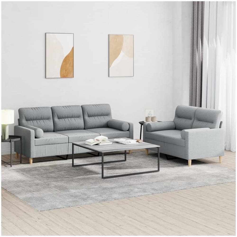 Set Divani 2 Pz Con Cuscini Grigio Chiaro In Tessuto - Foto 1