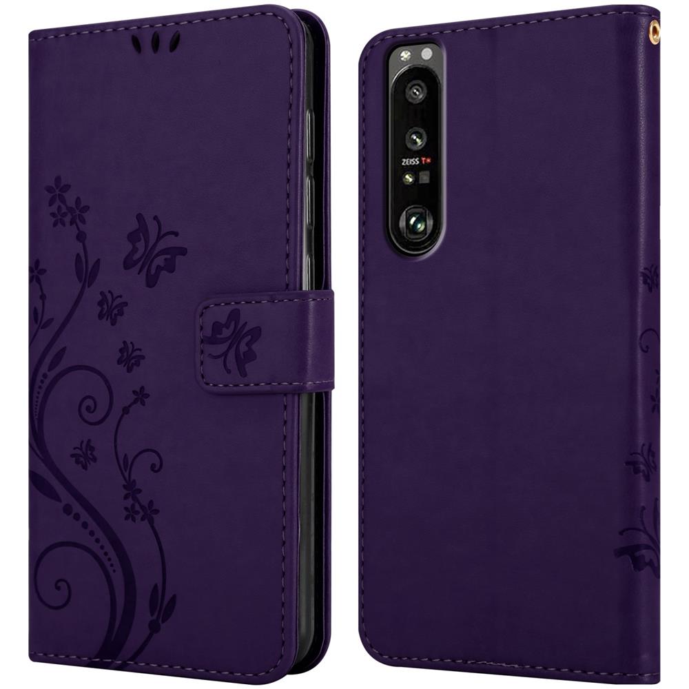 Custodia Compatibile Con Sony Xperia 1 Iii In Lilla Scuro Fiore - Coperchio Protettivo In Design Floreale Con Chiusura Magnetica, Funzione Stand E Slot Per Carte - Foto 8