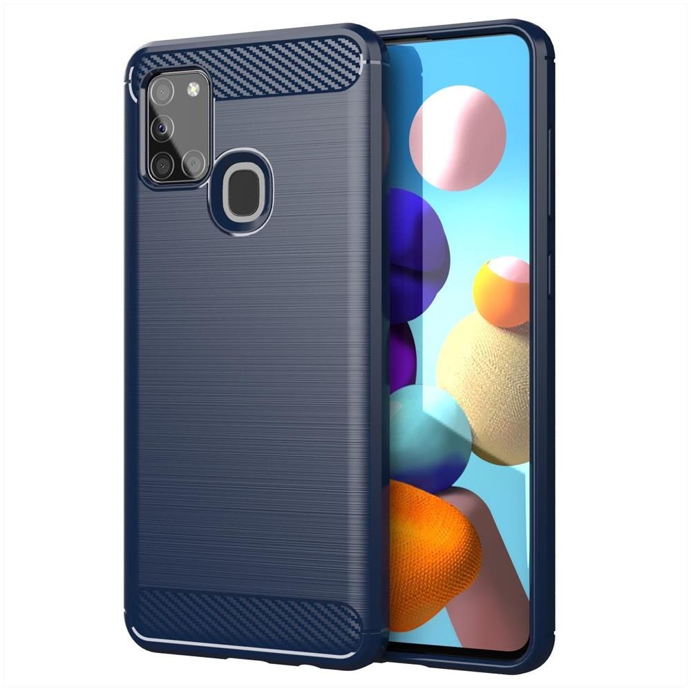 Custodia Compatibile Con Samsung Galaxy A21s In Brushed Blu - Coperchio Protettivo In Silicone Tpu Flessibile In Look Acciaio Inossidabile-fibra Di Carbonio - Foto 1