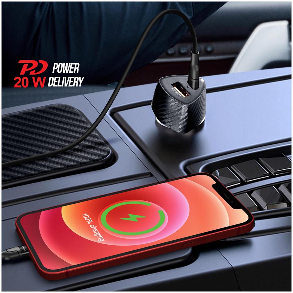 Caricabatterie Da Auto Usb + Usb-c 38w Power Delivery Nero Carbonio - Foto 5