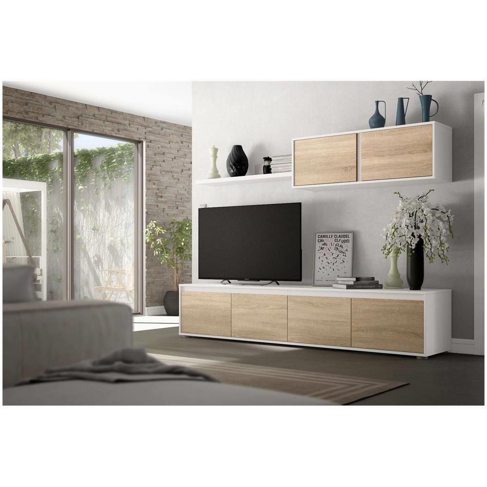 Parete Attrezzata Savannah, Mobile Da Soggiorno Porta Tv, Composizione Set Salotto, Set Salotto Con Pensile, 200x41h43 Cm, Bianco E Rovere - Foto 1