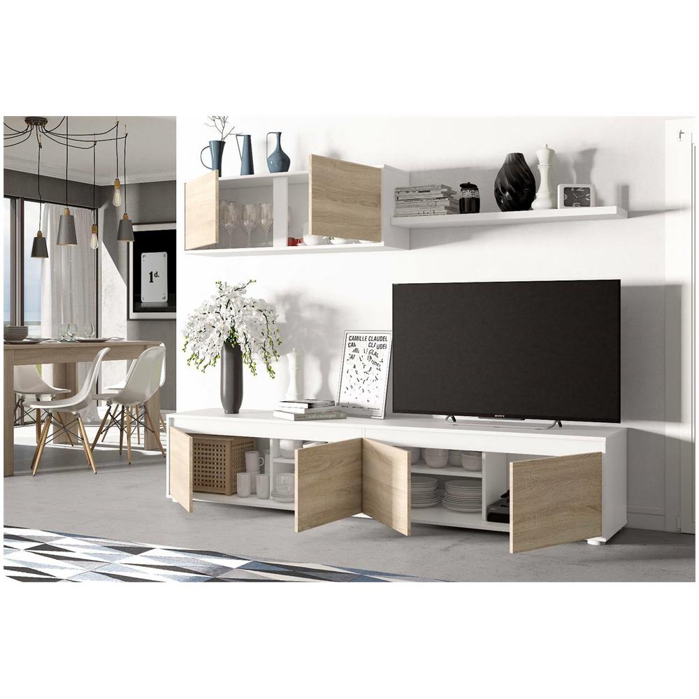 Parete Attrezzata Savannah, Mobile Da Soggiorno Porta Tv, Composizione Set Salotto, Set Salotto Con Pensile, 200x41h43 Cm, Bianco E Rovere - Foto 4