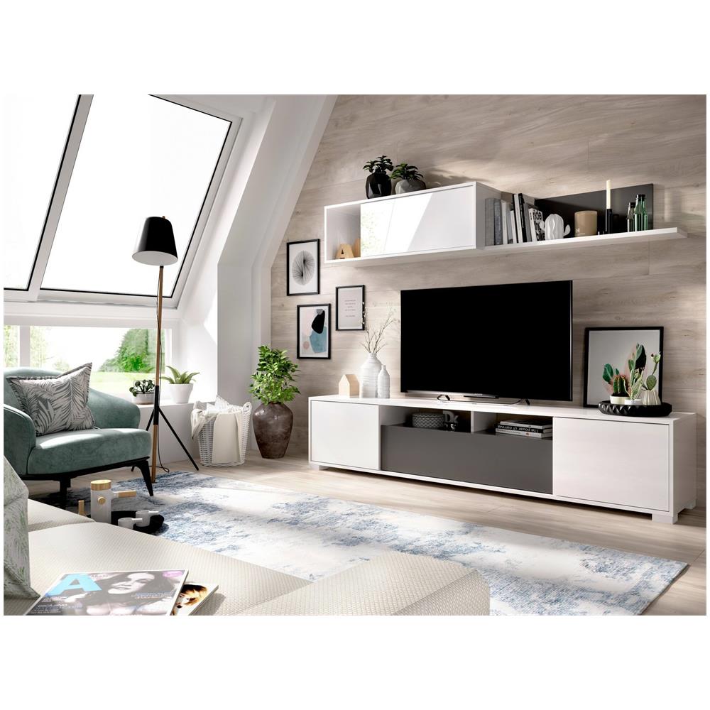 Parete Attrezzata Gruf, Set Da Soggiorno Porta Tv, Mobile Salotto Multiuso, 200x41h180 Cm, Bianco E Antracite - Foto 1