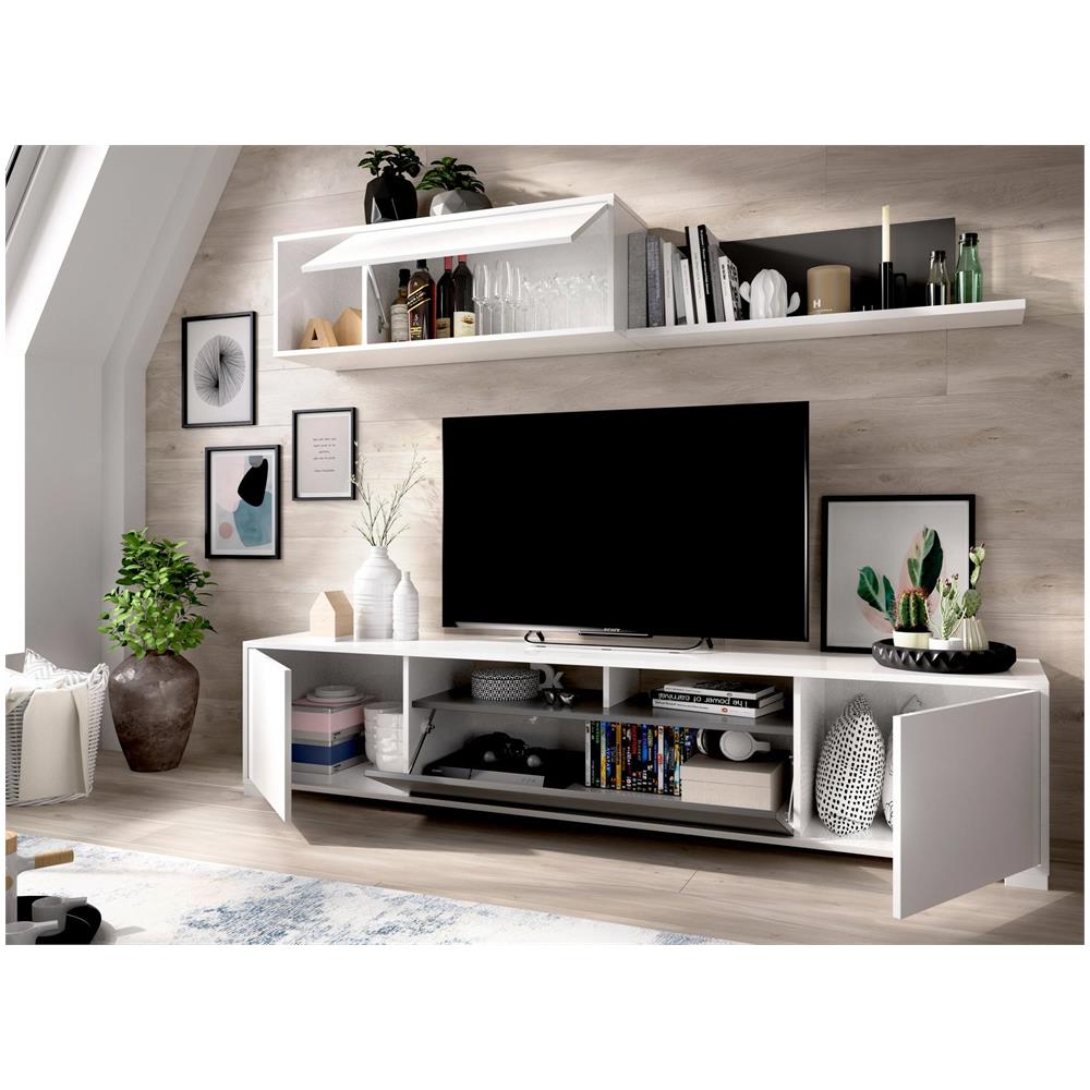 Parete Attrezzata Gruf, Set Da Soggiorno Porta Tv, Mobile Salotto Multiuso, 200x41h180 Cm, Bianco E Antracite - Foto 4