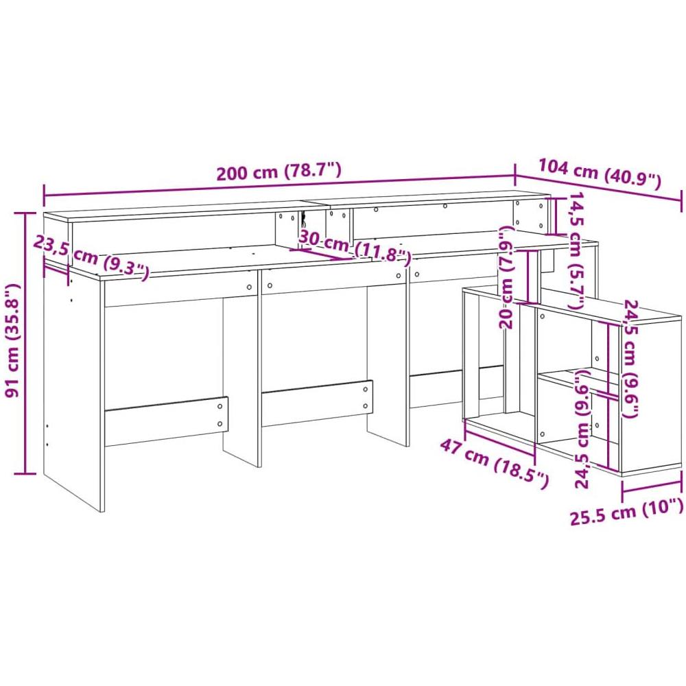 Scrivania con Luci LED Marrone Rovere 200x104x91 cm Truciolato - Foto 10
