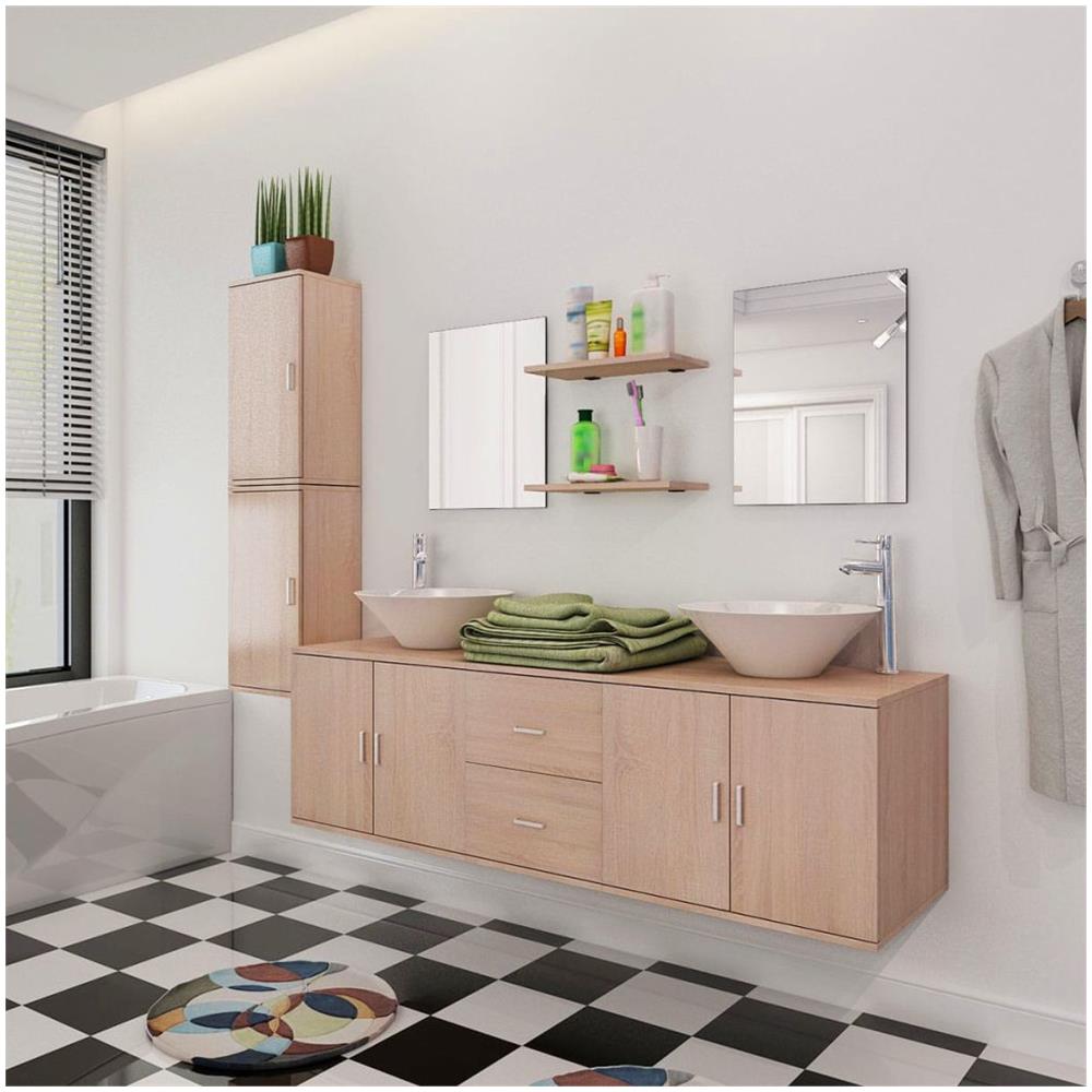 Set Mobili da Bagno 11 pz con Lavabo e Rubinetto Beige - Foto 2