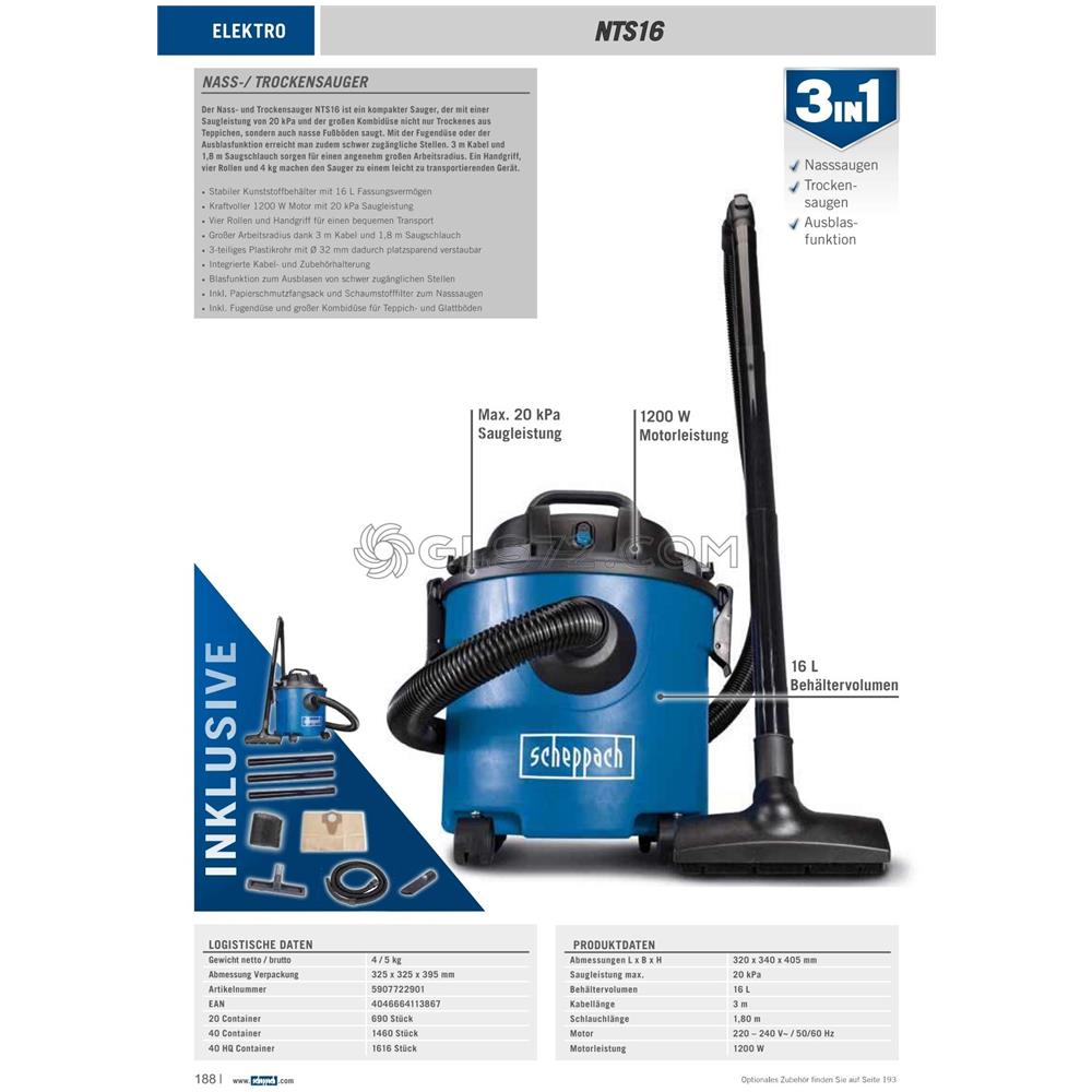 Aspiratore Aspirapolvere Aspiraliquidi Bidone Aspiratutto 16l Nts16 - Foto 2