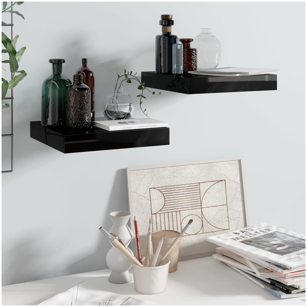 Scaffali A Parete 2 Pz Nero Lucido 23x23,5x3,8 Cm In Mdf - Foto 1