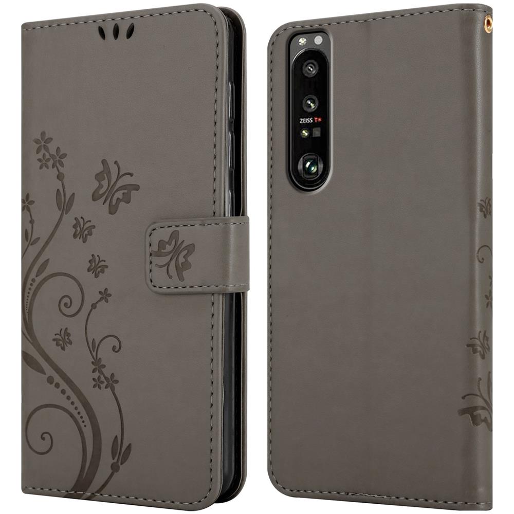 Custodia Compatibile Con Sony Xperia 1 Iii In Grigio Fiore - Coperchio Protettivo In Design Floreale Con Chiusura Magnetica, Funzione Stand E Slot Per Carte - Foto 8