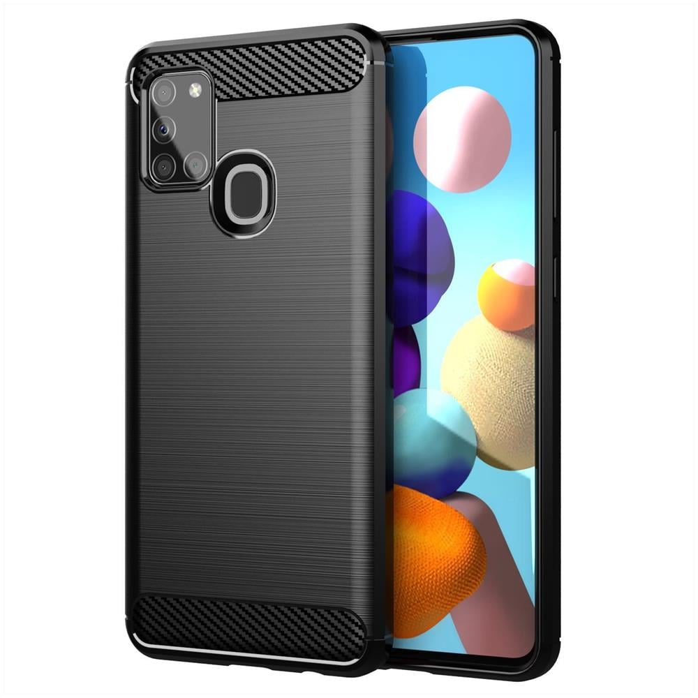 Custodia Compatibile Con Samsung Galaxy A21s In Brushed Nero - Coperchio Protettivo In Silicone Tpu Flessibile In Look Acciaio Inossidabile-fibra Di Carbonio - Foto 1